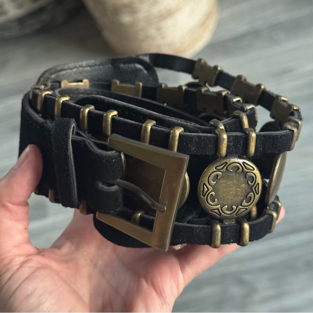Vintage 90s/Y2K Black Suede Wide Statement Belt with Antique Brass Detail